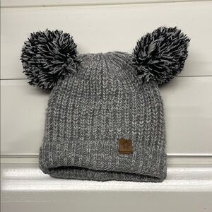 Gray and Black Ribbed Knit Pom-Pom Hat